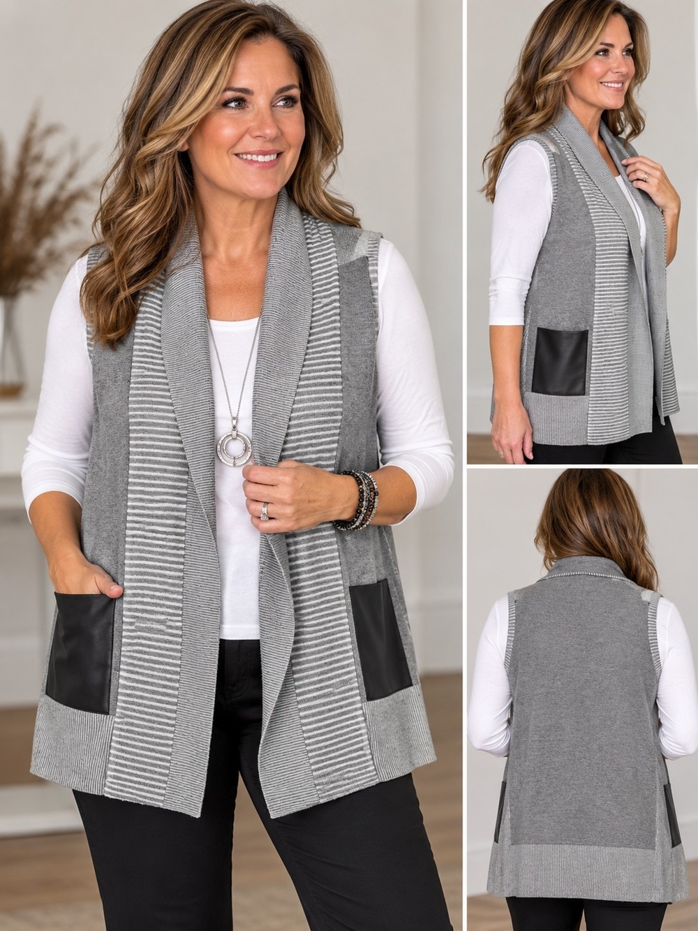 Chico's Gray Open Front Knit Vest with Faux Leather Pockets